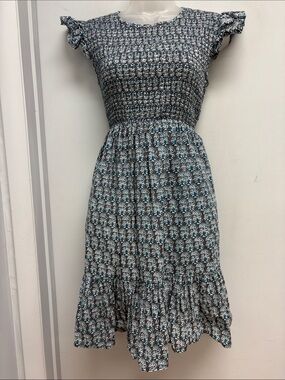 Le Bazar Coastal Smocked Midi Dress Gray & Teal Block Print Cotton Dress